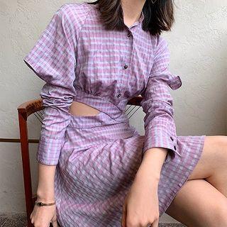 Plaid Cut-out Long-sleeve Mini A-line Dress