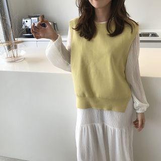 Long-sleeve Midi A-line Dress / Crew-neck Knitted Vest
