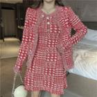 Set: Houndstooth Print Cardigan + Sleeveless Dress As Shown In Figure - One Size