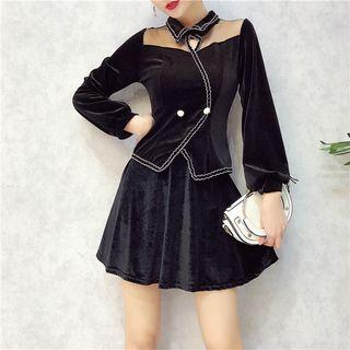 Set: Mesh Yoke Long-sleeve Velvet Top + A-line Skirt