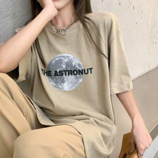Side-slit Loose-fit Printed T-shirt As Figure - One Size