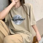 Side-slit Loose-fit Printed T-shirt As Figure - One Size