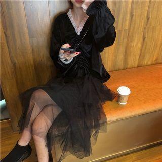 Long-sleeve Velvet A-line Midi Dress Black - One Size