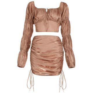 Set: Puff-sleeve Shirred Blouse + Drawstring Pencil Skirt