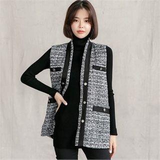 Contrast-trim Wool Blend Tweed Vest Black - One Size