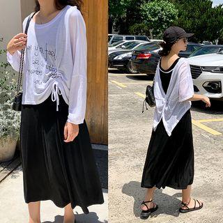 Lettering Long-sleeve T-shirt / Sleeveless Midi Dress / Set