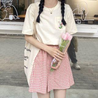 Short-sleeve Flower Embroidered T-shirt / Gingham Mini A-line Skirt