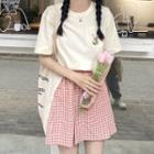 Short-sleeve Flower Embroidered T-shirt / Gingham Mini A-line Skirt