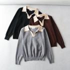 Long Sleeve Contrast-trim Loose-fit Polo Sweatshirt