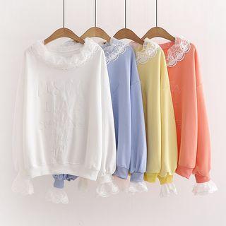 Bell-sleeve Lace Trim Embroidered Pullover