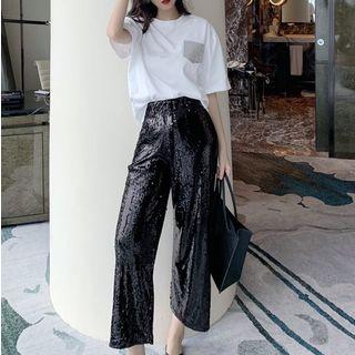 Set: Sequined Short Sleeve T-shirt / Sequined Wide Leg Pants