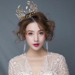 Wedding Set: Faux Crystal Star Tiara + Fringed Earring Crown & 1 Pair - Clip On Earring - One Size