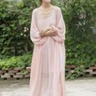 Puff-sleeve Maxi Shift Dress Light Pink - One Size