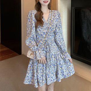 Long-sleeve Print Drawstring Mini A-line Dress
