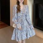 Long-sleeve Print Drawstring Mini A-line Dress