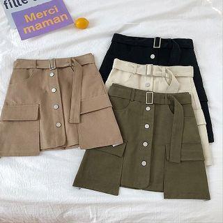 Plain Single-breasted High-waist Cargo Skirt With Belt