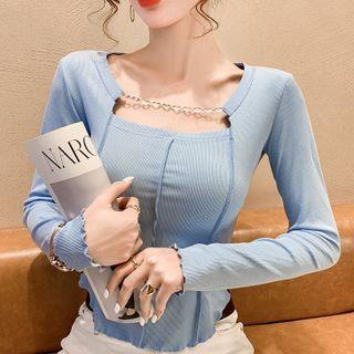 Long-sleeve Chained Square-neck Top
