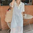 Slit-side Open-knit Polo Dress