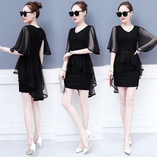 Ruffle Elbow-sleeve Sheath Chiffon Dress