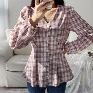 V-neck Pintuck-detail Plaid Blouse