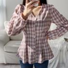 V-neck Pintuck-detail Plaid Blouse