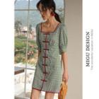 Short-sleeve Frog Button Plaid Dress