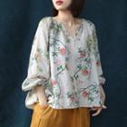Floral Print Long-sleeve V-neck Blouse As Shown In Figure - One Size