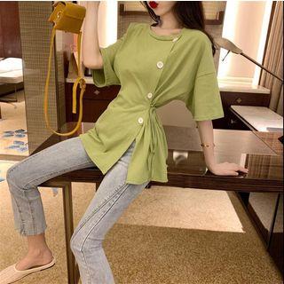 Elbow-sleeve Asymmetric Buttoned Tie Waist T-shirt