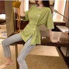 Elbow-sleeve Asymmetric Buttoned Tie Waist T-shirt