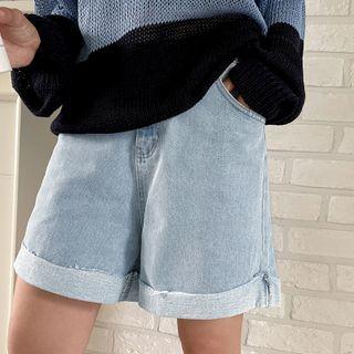 Band-waist Cuffed Hem Denim Shorts