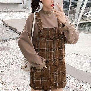 Set: Mock Turtleneck Pullover + Plaid Mini Jumper Dress