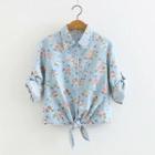 Floral Print Tie-waist Denim Shirt Light Blue - One Size