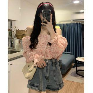 Off Shoulder Floral Blouse Floral - Pink - One Size