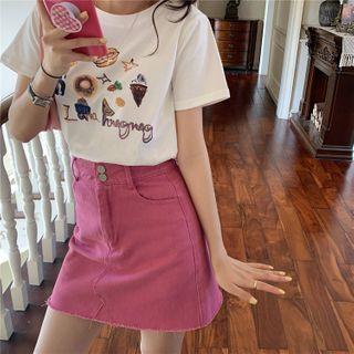 Short-sleeve Cartoon Print T-shirt / Frayed Denim Mini Skirt
