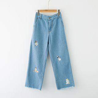 Cat Print Wide-leg Jeans