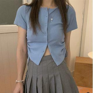 Short-sleeve Drawstring Button-up T-shirt