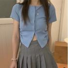 Short-sleeve Drawstring Button-up T-shirt