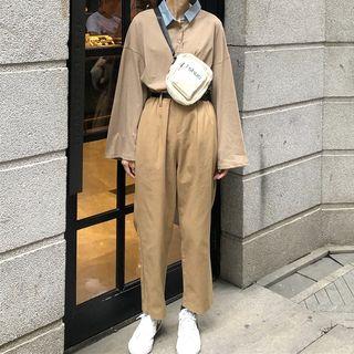 Long-sleeve Contrast Collar Polo Shirt / Wide-leg Pants With Belt