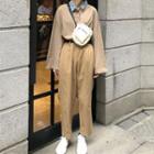 Long-sleeve Contrast Collar Polo Shirt / Wide-leg Pants With Belt