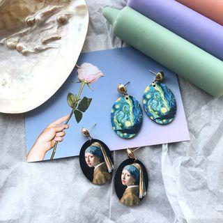 Wooden Painting Print Dangle Earring