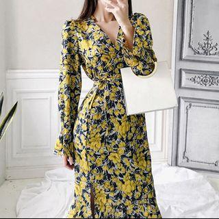 Long-sleeve Floral Print Midi Mermaid Dress