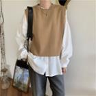 Long-sleeve Plain Blouse / Knit Vest