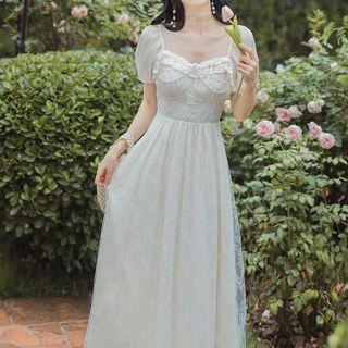 Puff-sleeve Shirred Midi A-line Lace Dress