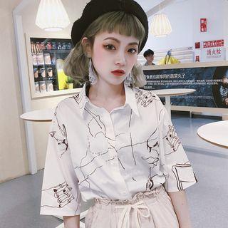 Print Elbow-sleeve Shirt White - One Size