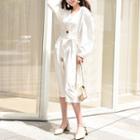 Long-sleeve Sashed Buttoned Midi Dress White - One Size