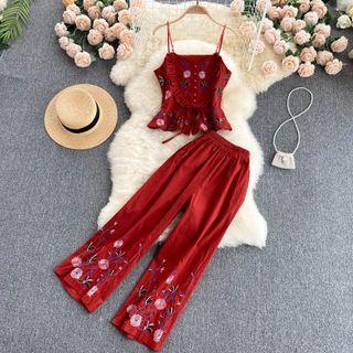 Set Of 2 : Embroidered Ruffle Suspender Top + Embroidered Wide-leg Pants
