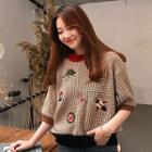 Patch Embroidered Plaid Elbow Sleeve Pullover