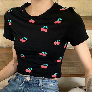 Short-sleeve Cherry Print Crop T-shirt Black - One Size