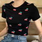Short-sleeve Cherry Print Crop T-shirt Black - One Size