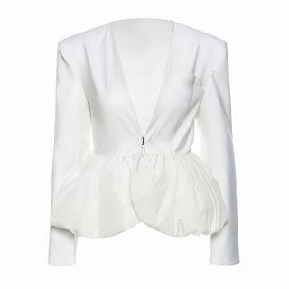 Ruffle-hem Long-sleeve Cropped Blazer